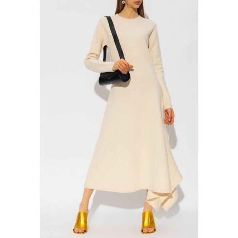 Jil Sander Womens Asymmetric-Hem Merino Wool Midi Sweater Dress Natural Sz 2